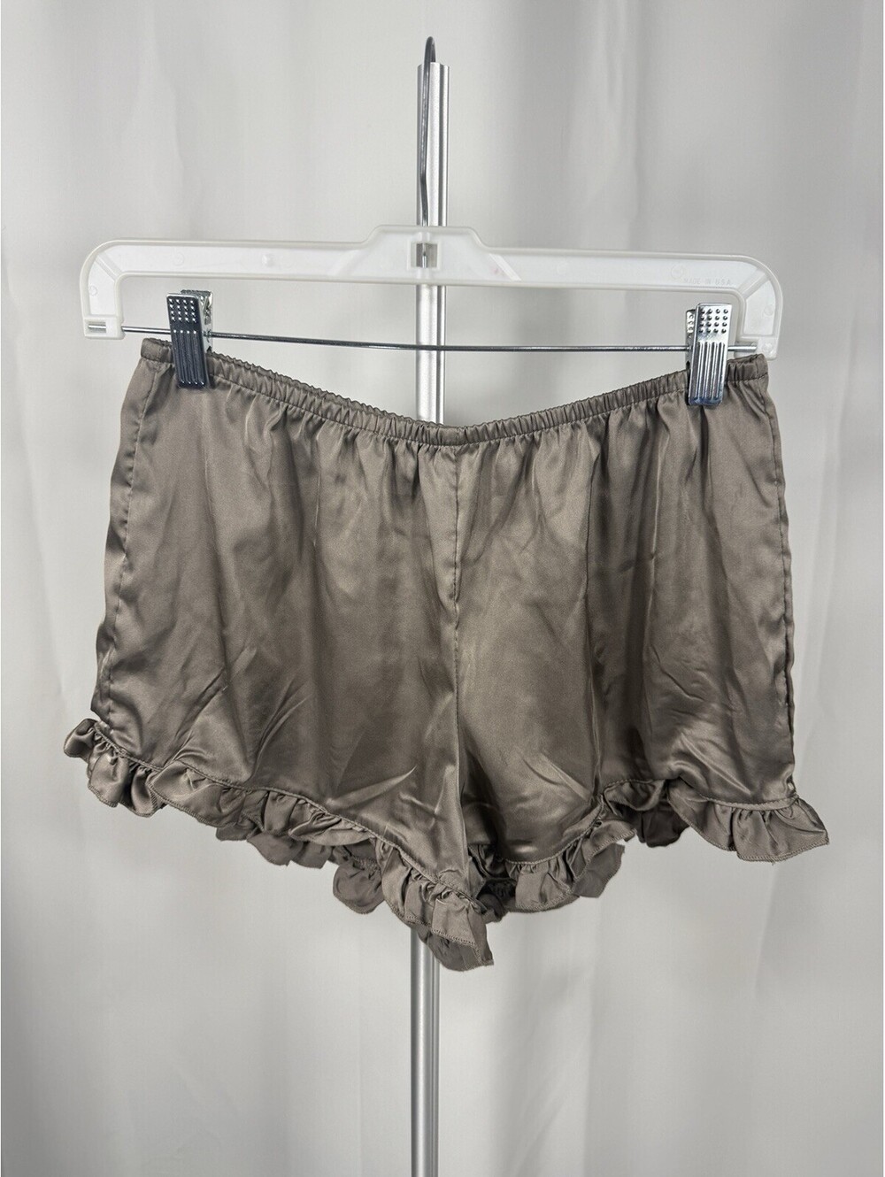 Since Forever Satin Ruffle Shorts Taupe Mocha Sleep Lounge Coquette Womens M
